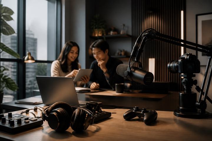 Creators collaborating in a media production studio