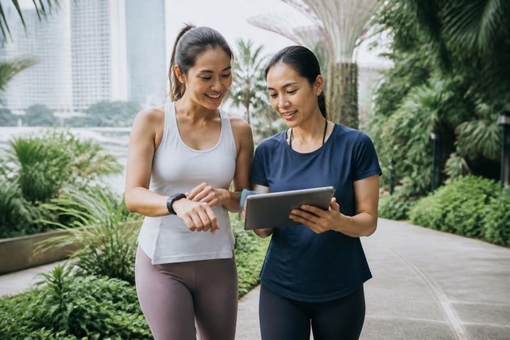A wellness professional guiding a client outdoors in Singapore