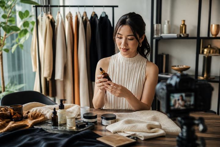 A creator preparing an elegant fashion and beauty product story