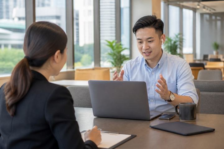 A professional interview in a bright Singapore workplace