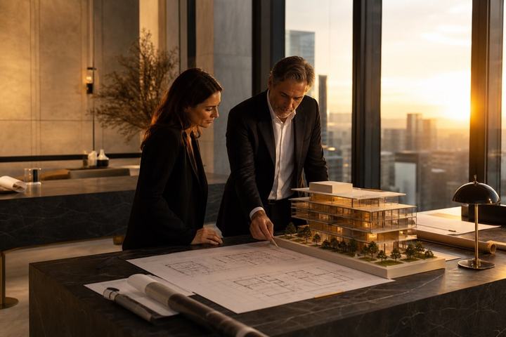 Property professionals reviewing an architectural model at sunset