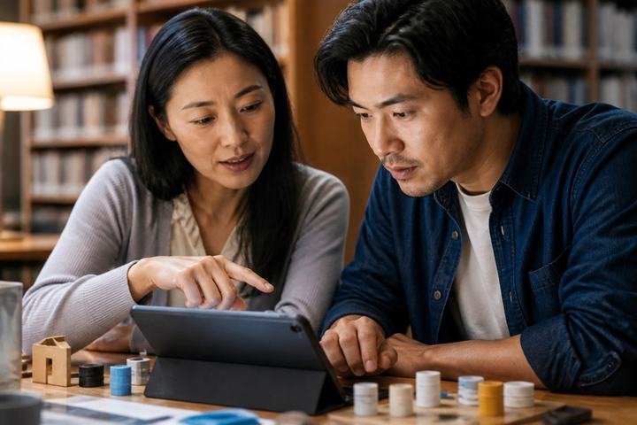 An educator mentoring an adult learner in a library