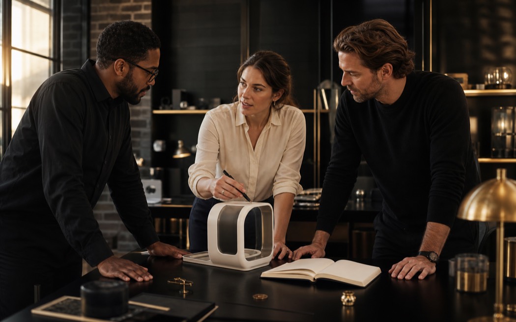 An early-stage founding team reviewing a product prototype together