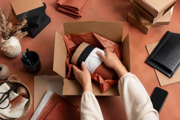 A small business owner packing an online order