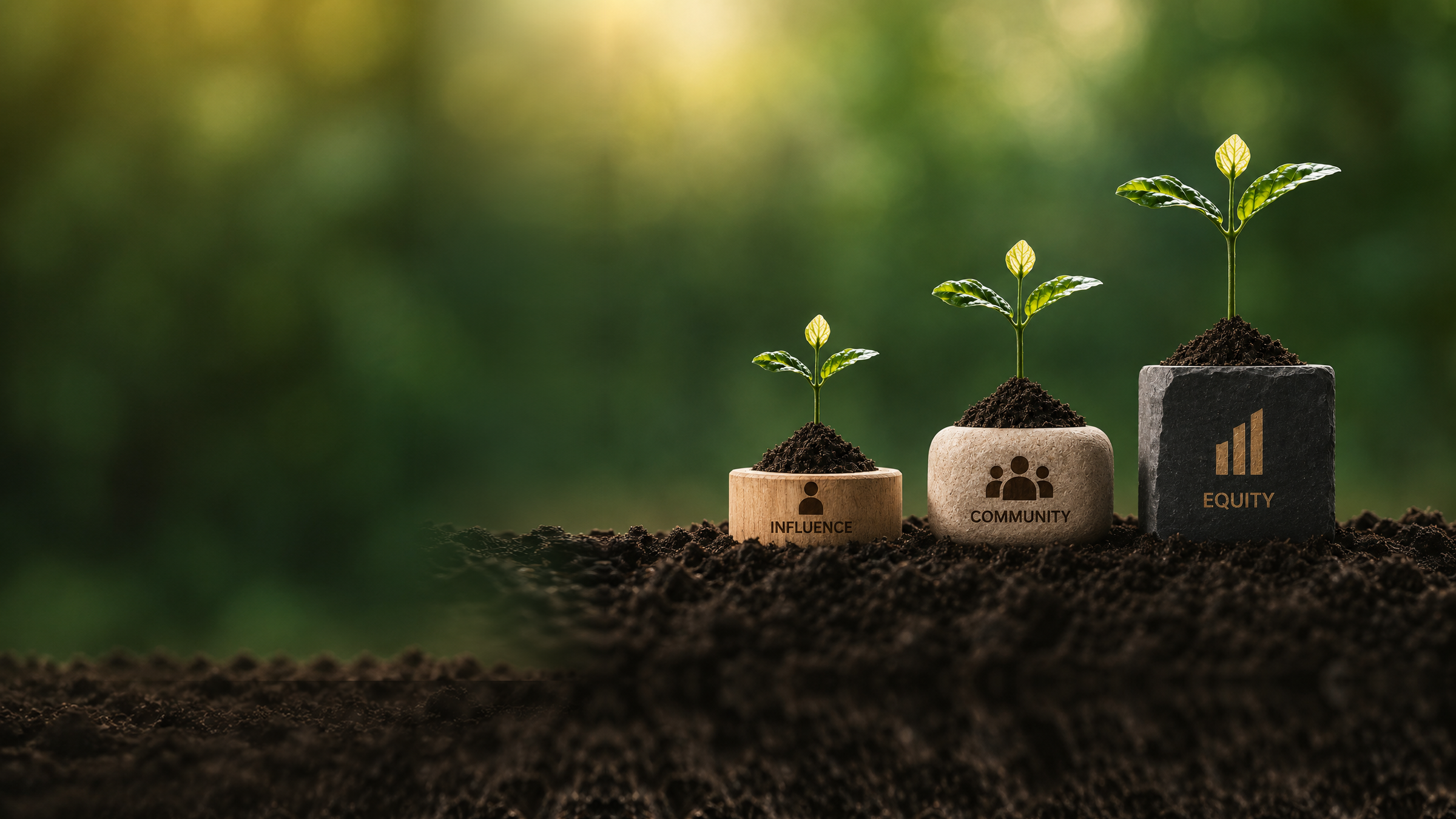 Three seedlings labelled Influence, Community and Equity growing from dark soil